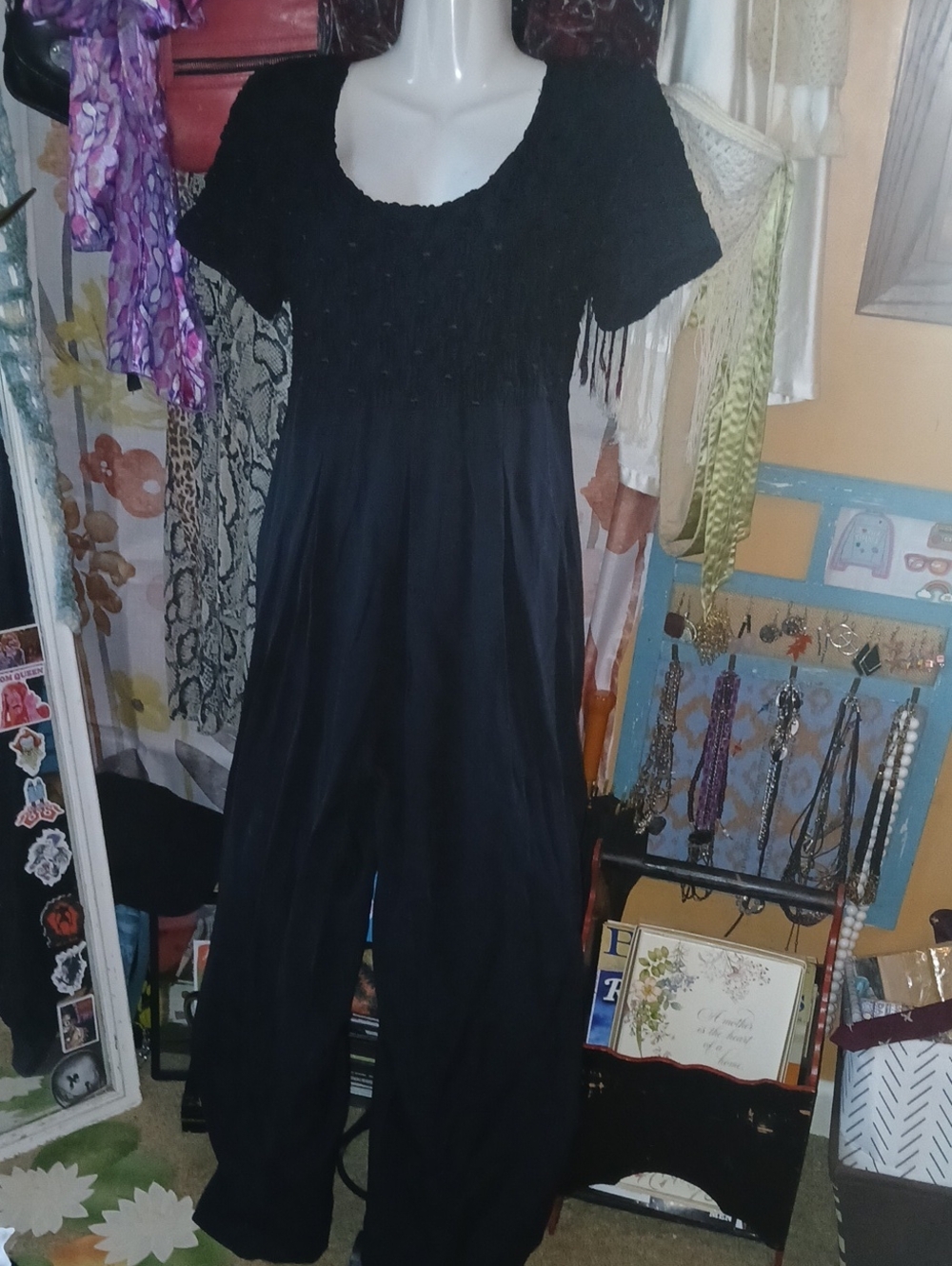90s Vintage Jeffrey & Dara Black Short-Sleeve Jumpsuit w/ Textured Bodice